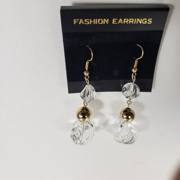 Clear Twisted Bead Drop Earrings w/ Gold tone Accent Modern Statement Dangle - Picture 10 of 10